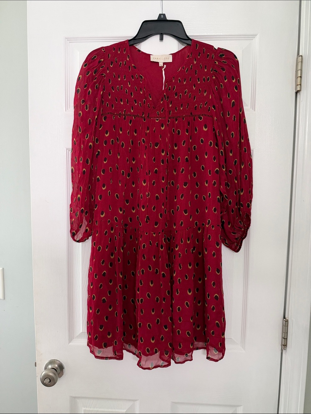 Caballero Burgundy Printed Long-Sleeve Tiered Dress